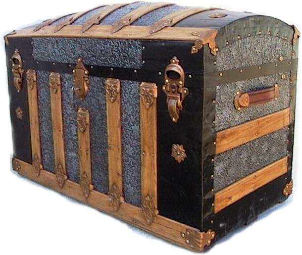 Antique Embossed Metal Oak Banded Dome Top Steamer Trunk Chest with Insert