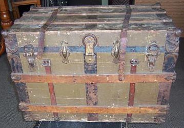 Antique Early 1900s Flat Top Wood Leather & Metal Steamer Trunk